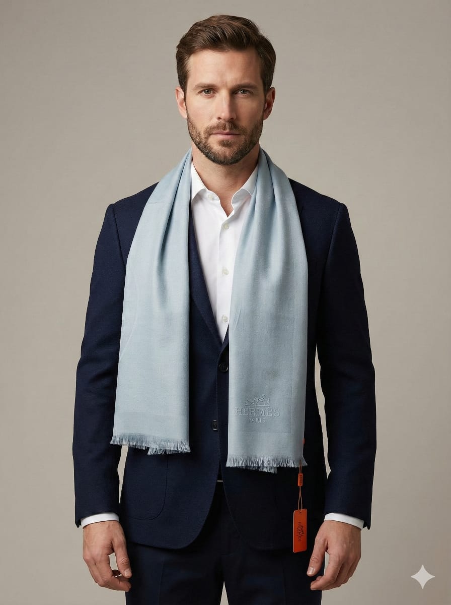 Hermes Luxe Cashmere Blend Scarf in Soft Blue