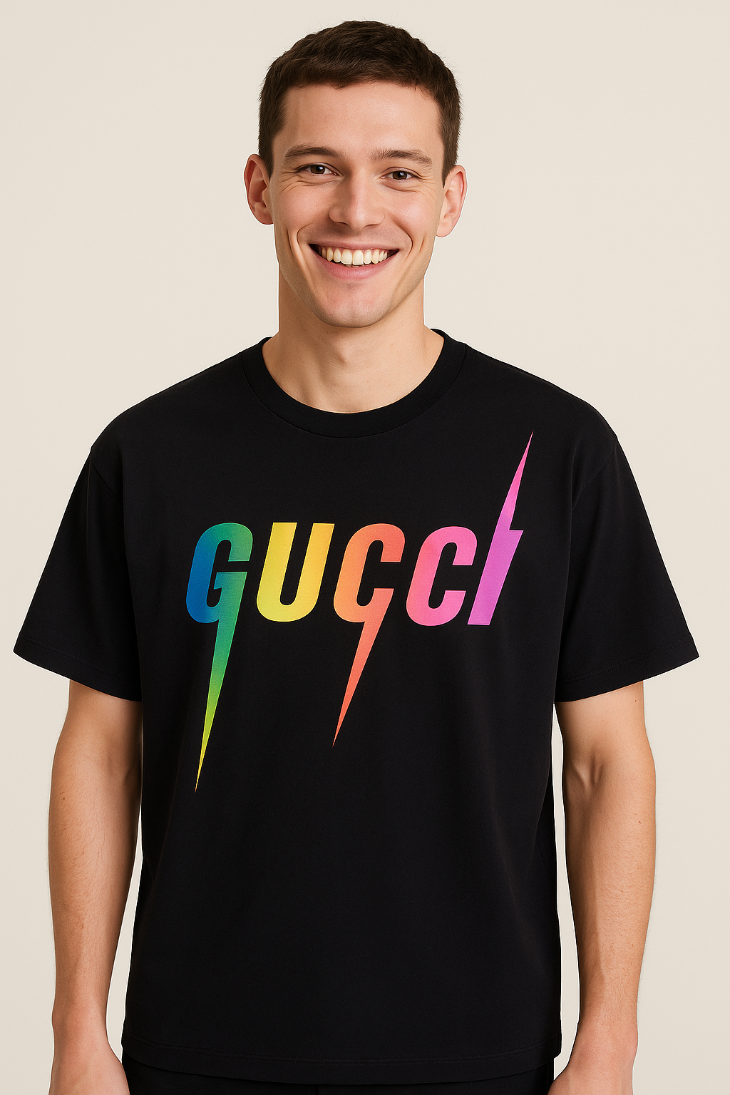 GUCCI Midnight Ink Oversized Short Sleeve Rainbow Lightning Logo Tee