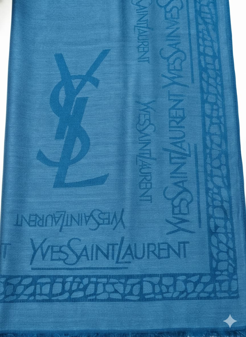 Yves Saint Laurent Monogrammed Blue Cashmere Scarf