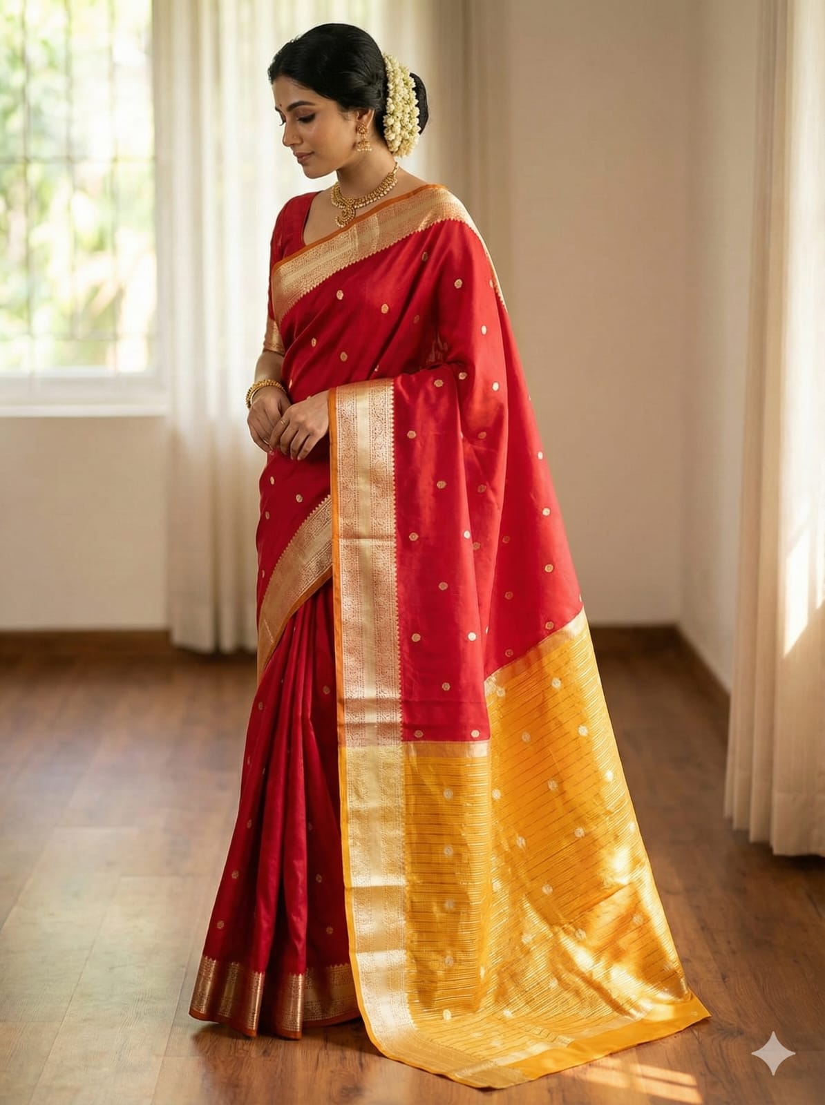 Elegant Drapes Red and Gold Polka Dot Silk Saree