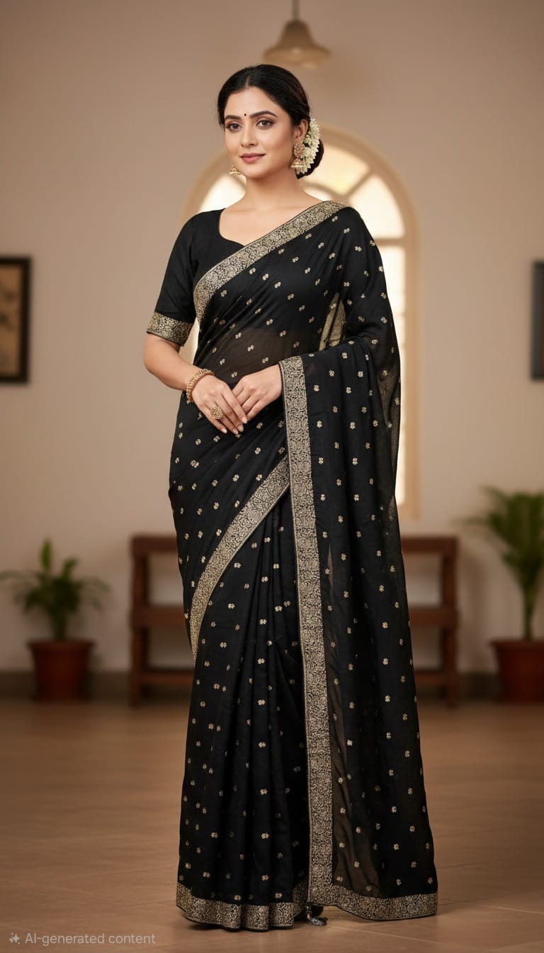 Elegant Attire Black Embroidered Saree with Gold Detailing