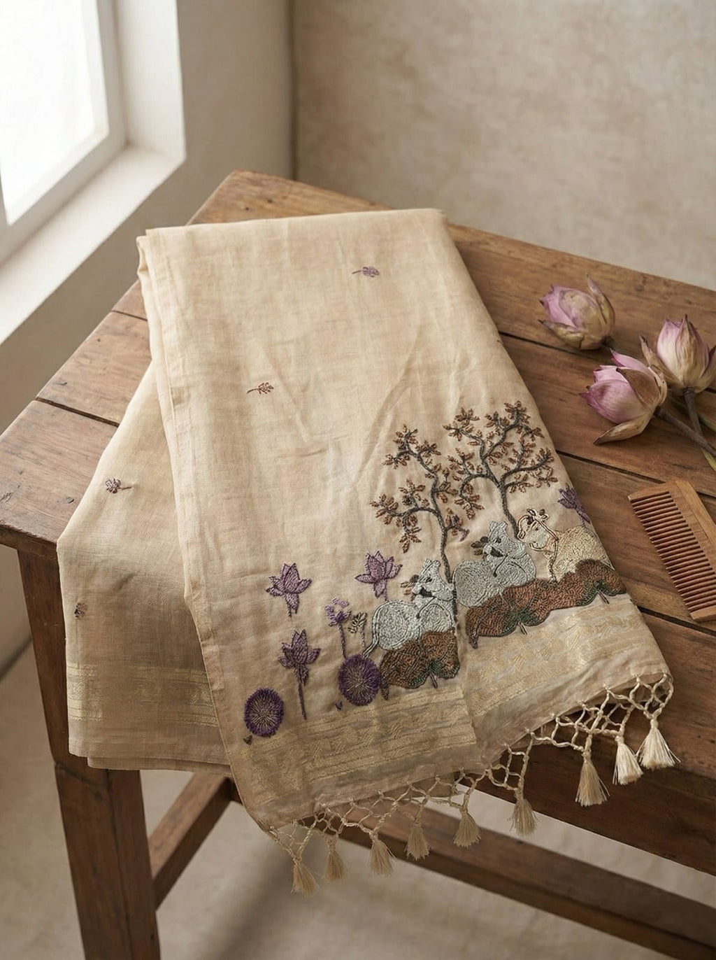 Elegant Threads Embroidered Linen Saree with Floral Motifs