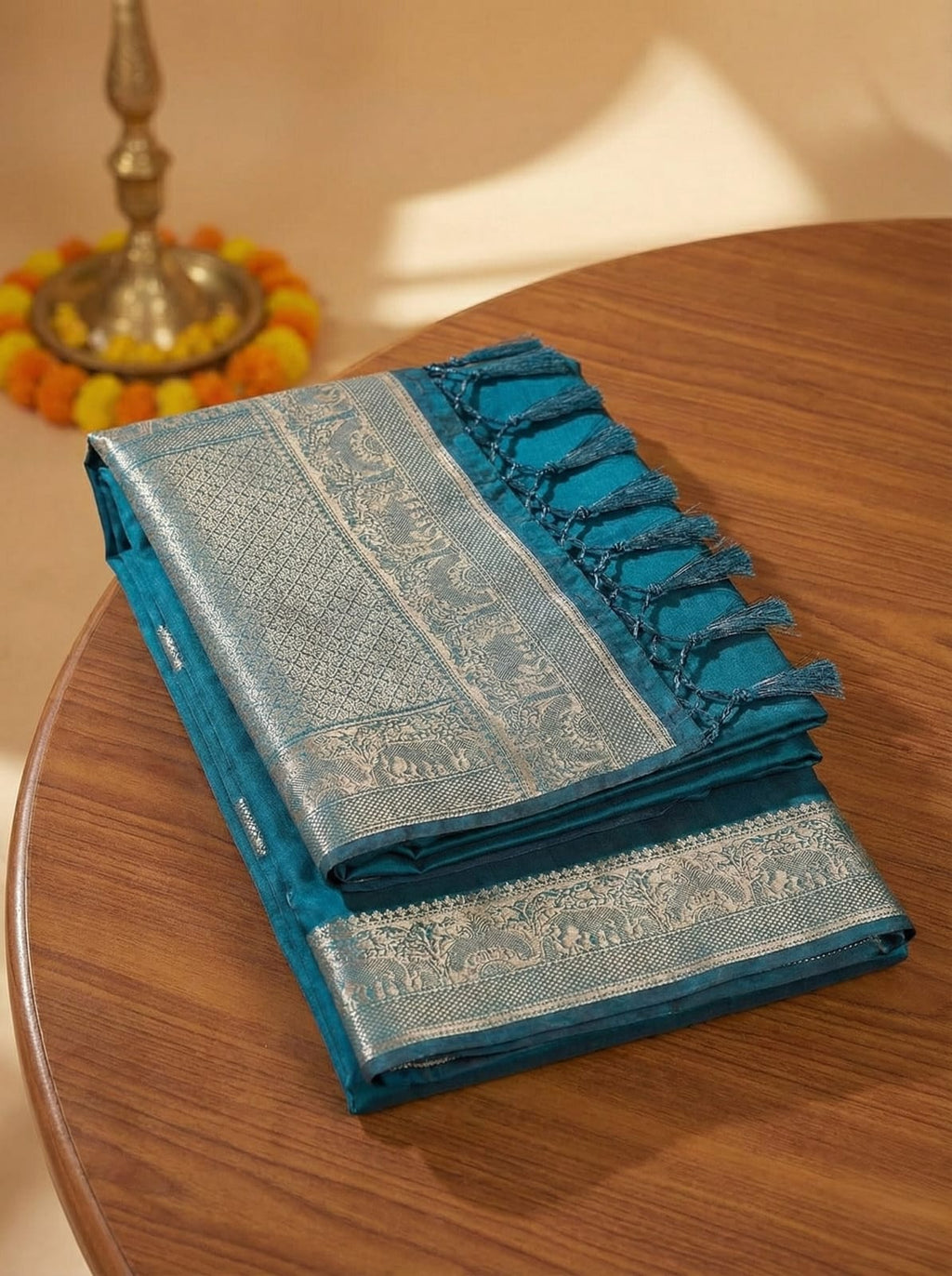 Elegant Weaves Teal Silk Saree with Silver Zari Border