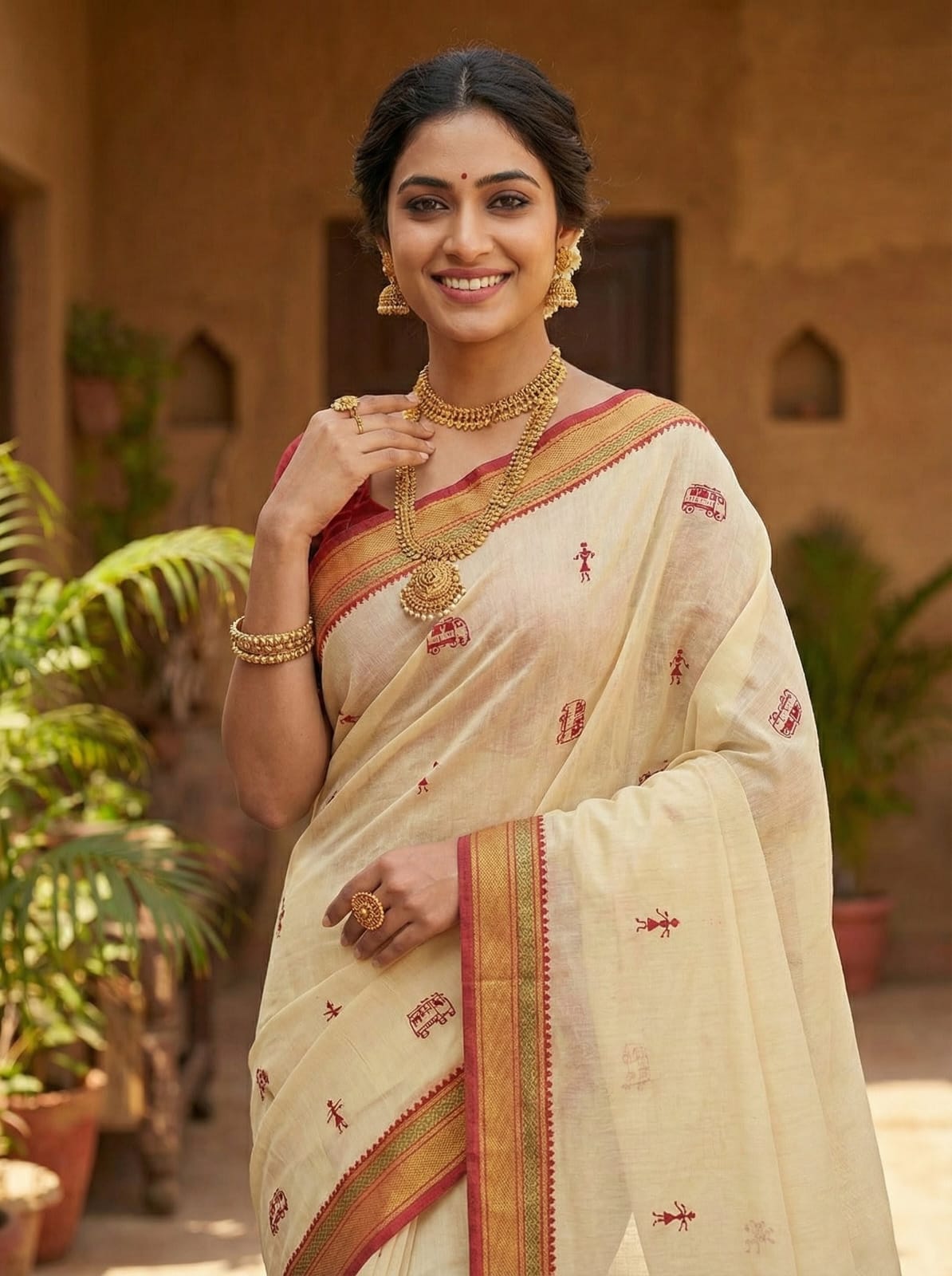 Ethnic Elegance Handcrafted Cream Cotton Saree with Intricate Embroidery