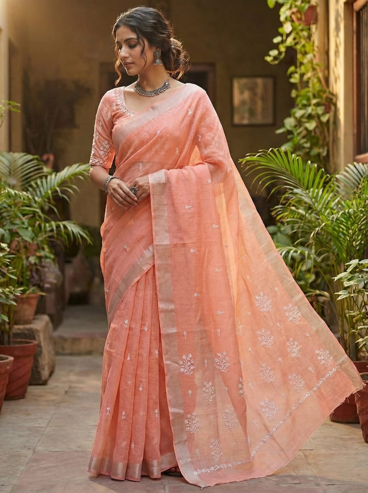 Ethnic Elegance Handcrafted Peach Chiffon Saree with Floral Embroidery