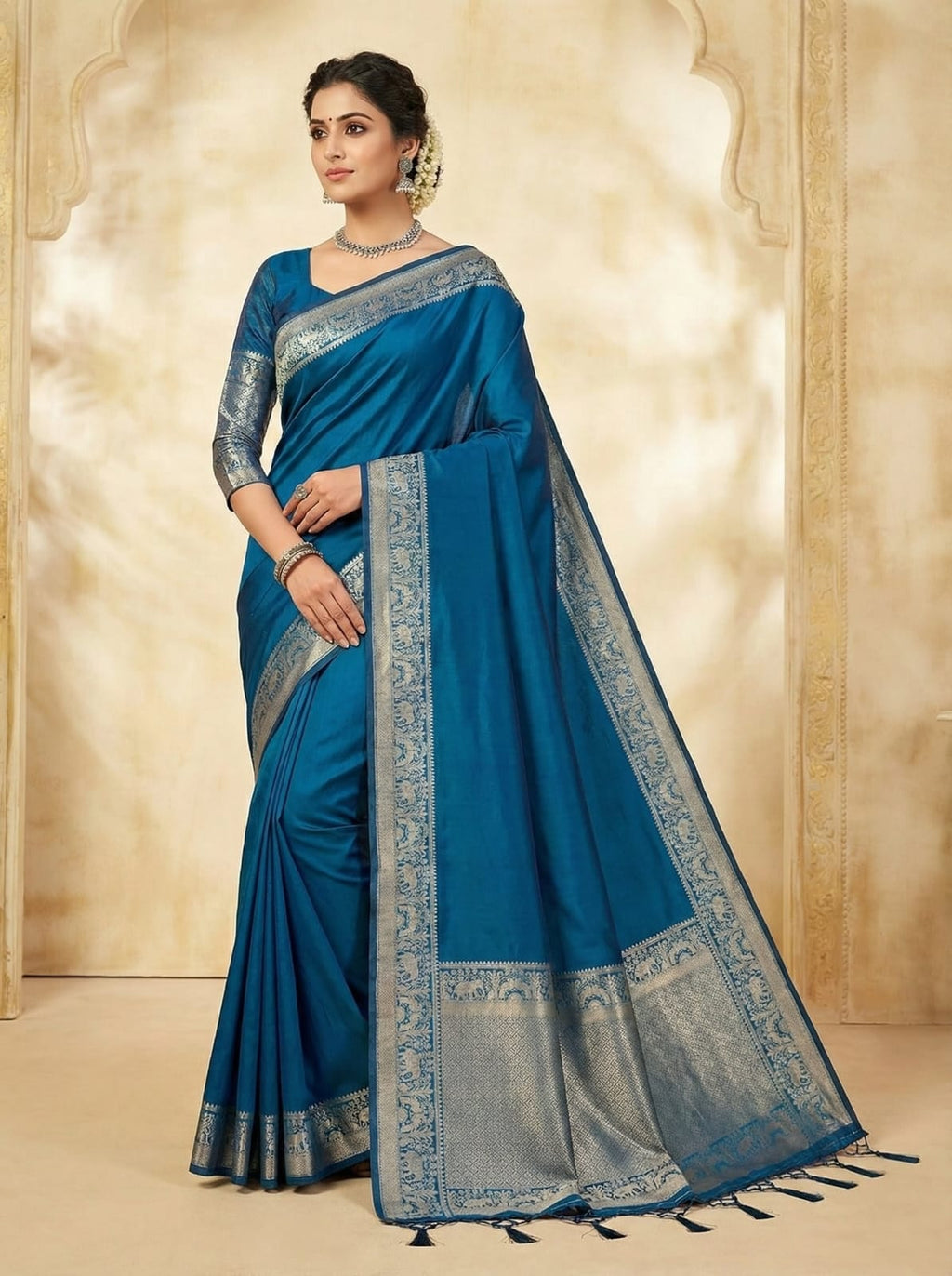 Elegant Weaves Royal Blue Silk Saree with Silver Zari Border
