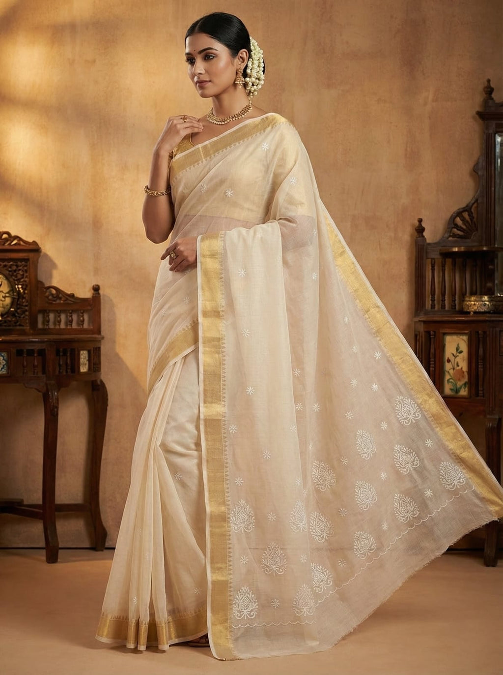 Elegant Weaves Ethereal Cream Silk Saree with Golden Border
