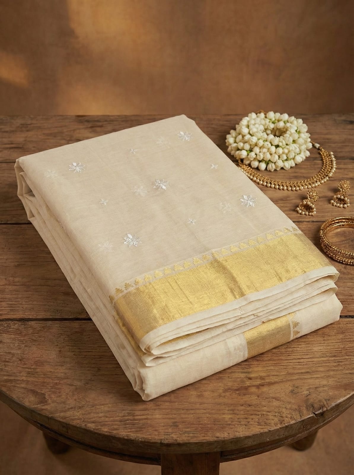 Elegant Weaves Ethereal Cream Silk Saree with Golden Border