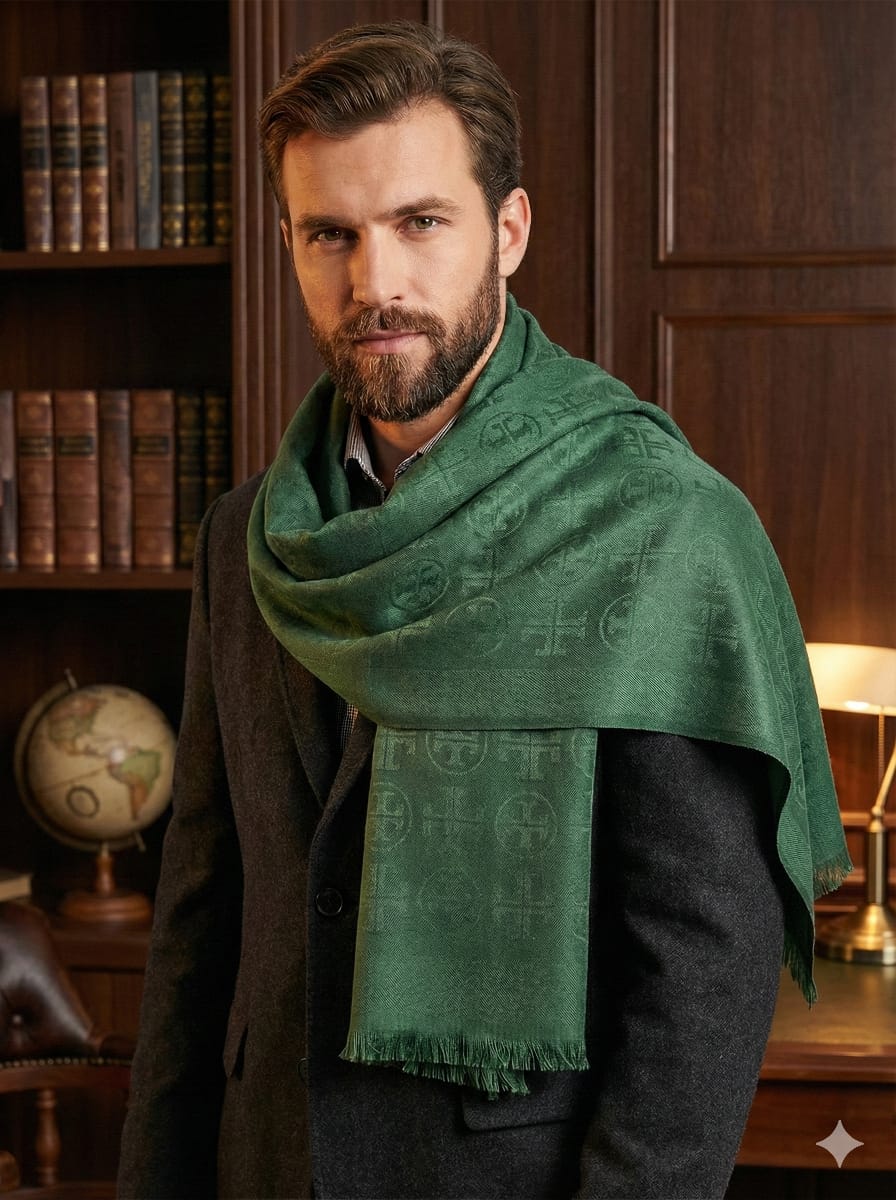 Hermès Monogrammed Green Cashmere Scarf