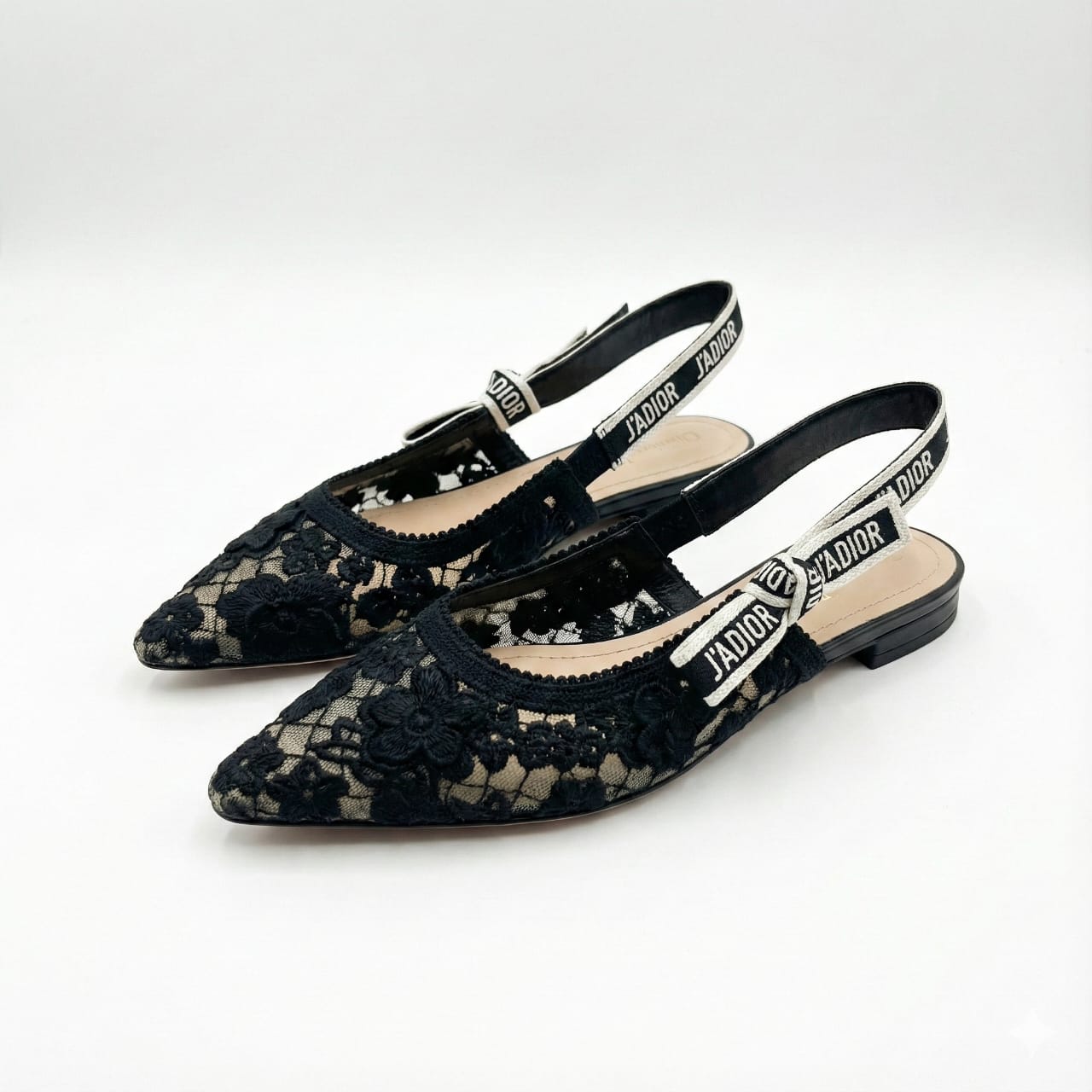 DIOR Lace Slingback Flats with Logo Strap