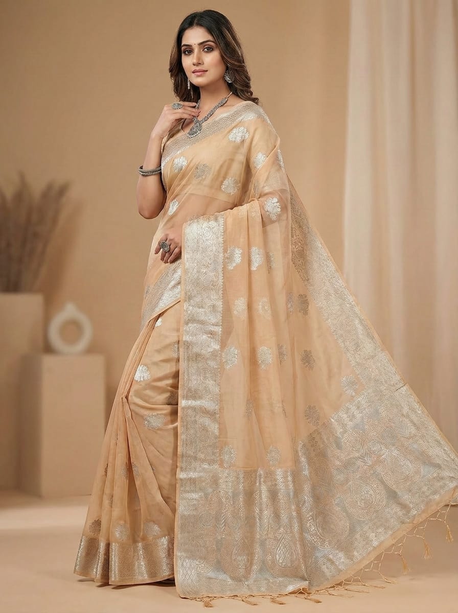 Elegant Weaves Golden Silk Saree with Silver Zari Embroidery
