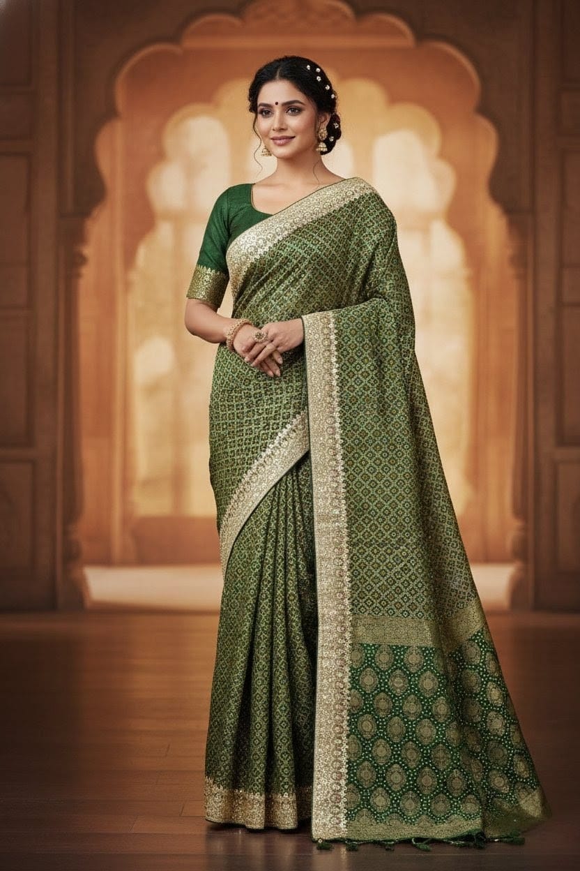 Elegant Weaves Green Silk Saree with Golden Border