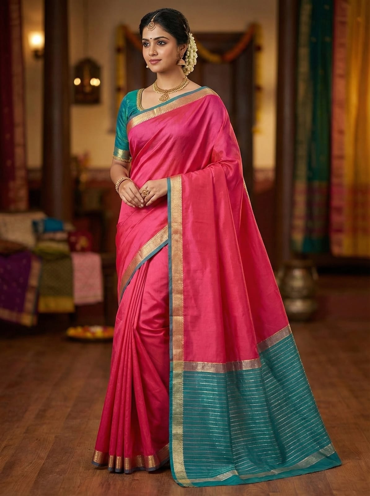 ELEGANT WEAVES Celestial Blush Cotton Silk Saree with Enchanted Teal Trim and Luxe Gold Accents