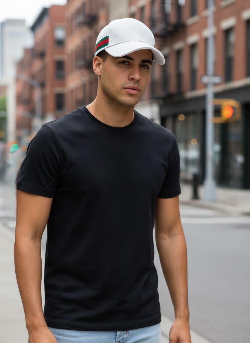 GUCCI Frosted Pearl Signature Monogram Cap with Emerald and Ruby Stripe