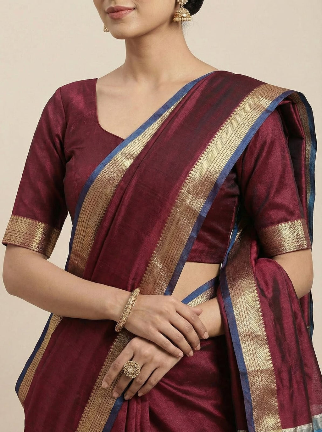 Elegant Weaves Maroon Silk Saree with Blue Border