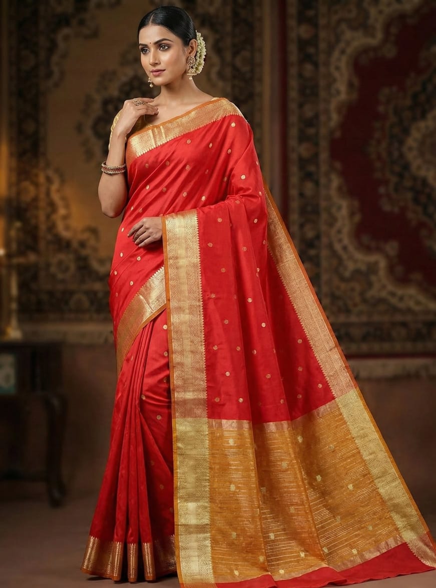 Elegant Weaves Classic Red Silk Saree with Golden Zari Border