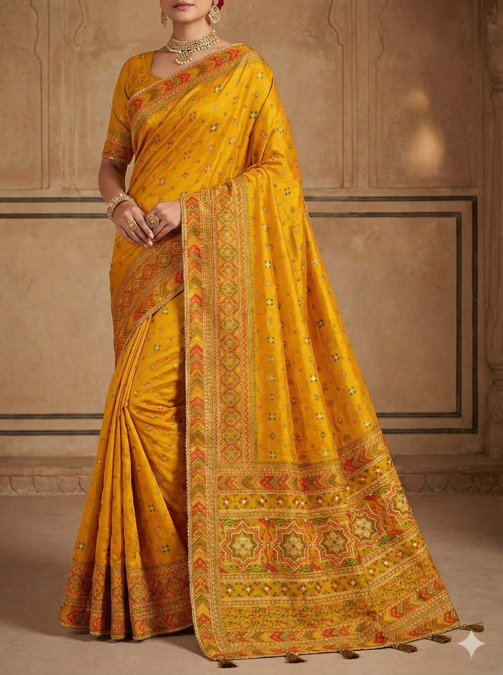 Ethnic Elegance Golden Embroidered Silk Saree