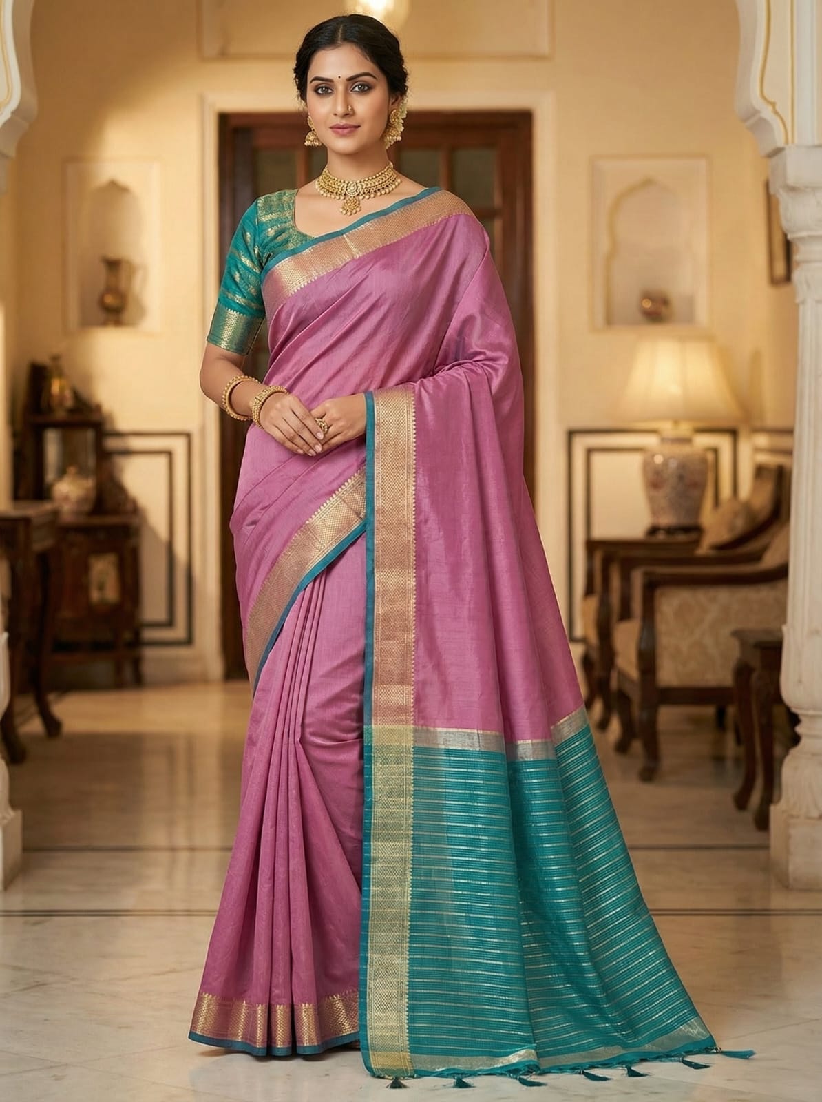Elegant Drapes Pink and Teal Silk Saree with Gold Border