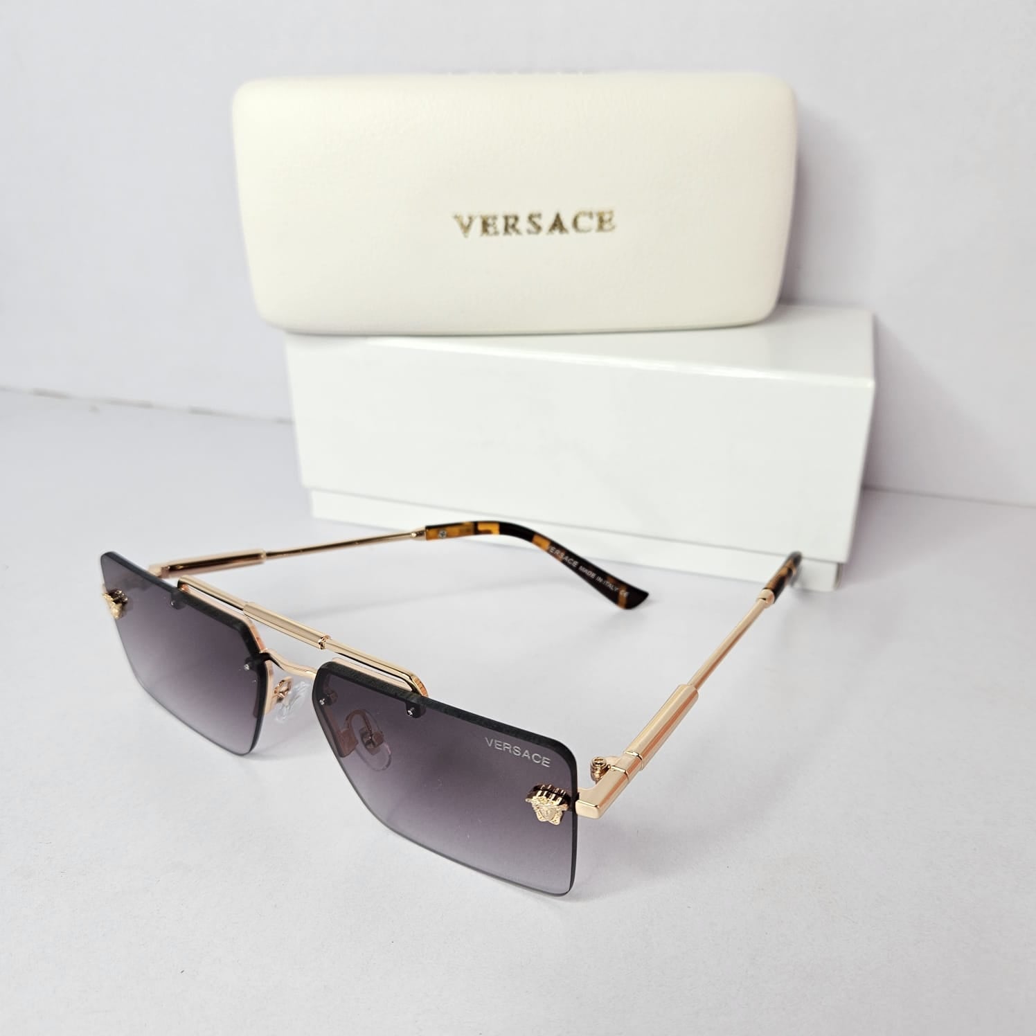 VERSACE Opulent Onyx Square Frame Sunglasses with Gilded Details
