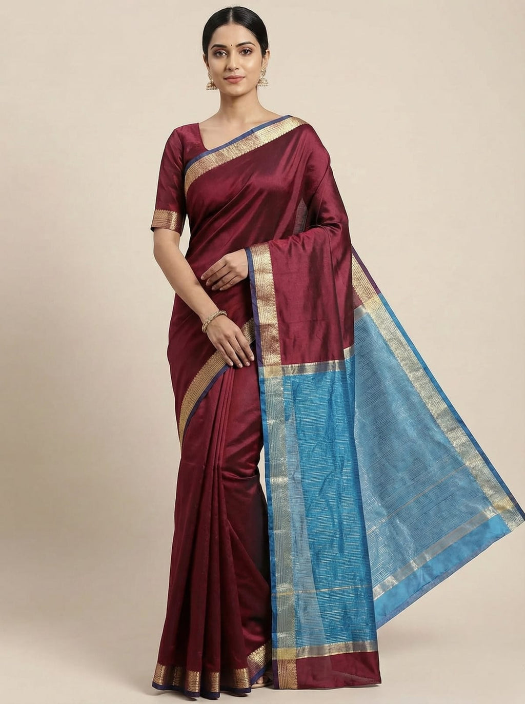 Elegant Weaves Maroon Silk Saree with Blue Border