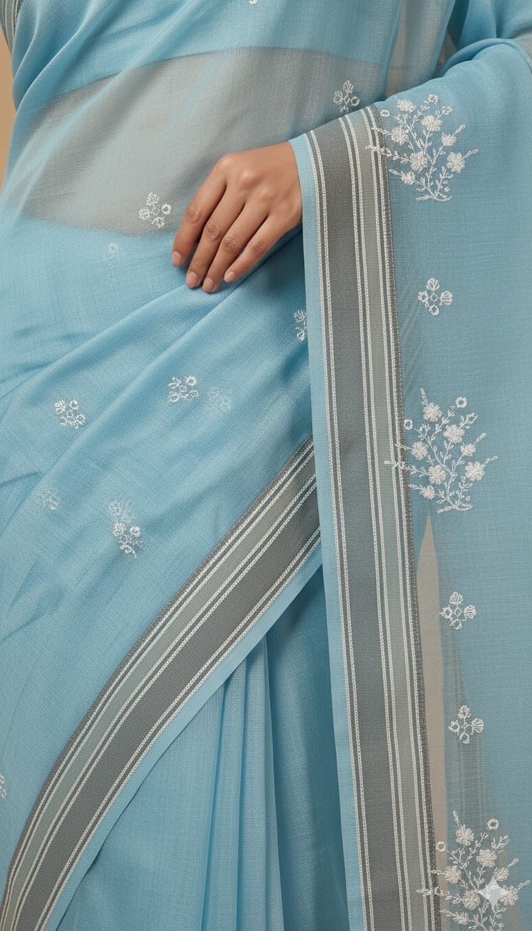 Elegant Threads Embroidered Blue Cotton Sari with Silver Stripes