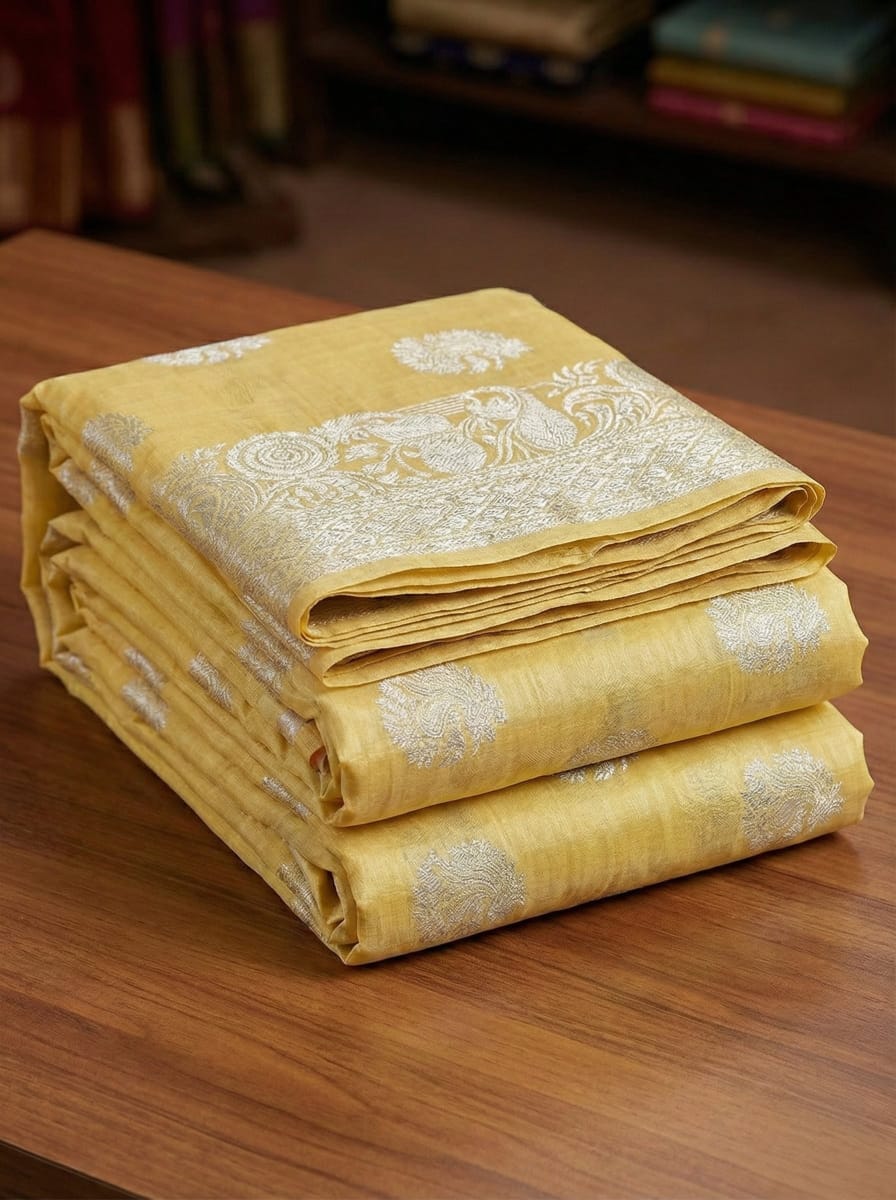 Elegant Weaves Yellow Silk Saree with Silver Embroidery