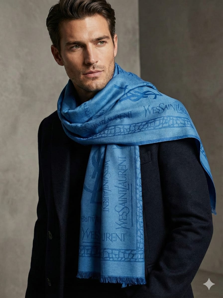 Yves Saint Laurent Monogrammed Blue Cashmere Scarf