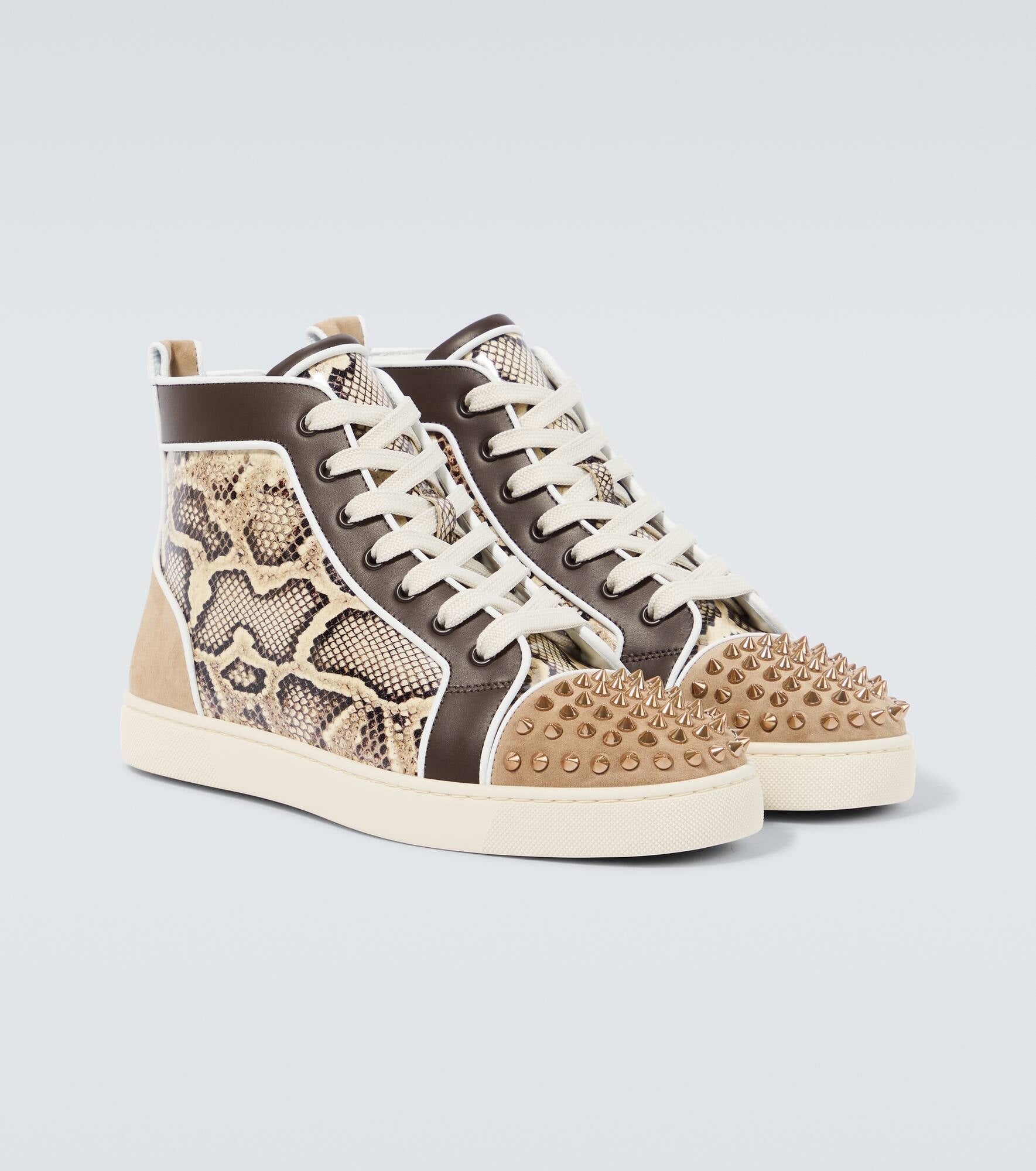 CHRISTIAN LOUBOUTIN Sunlit Sand Luxe Python-Print High-Top Sneakers with Studded Toe