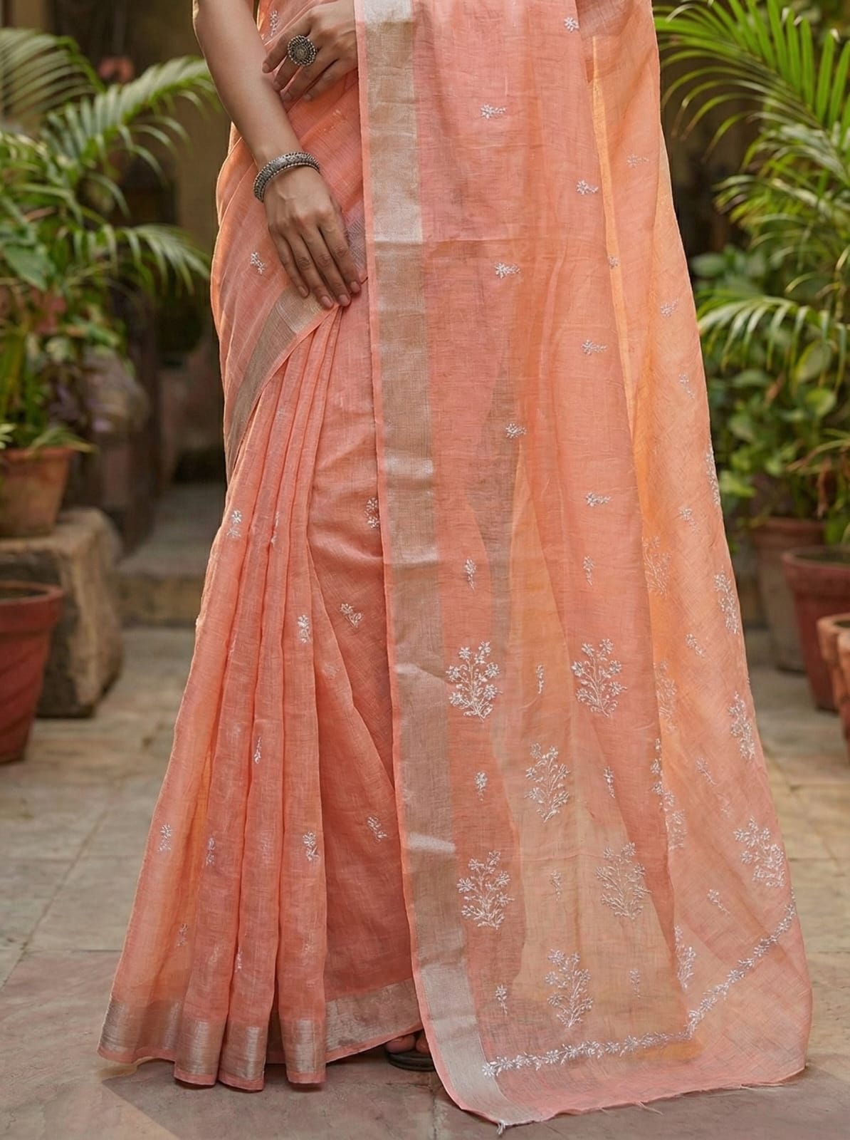 Ethnic Elegance Handcrafted Peach Chiffon Saree with Floral Embroidery