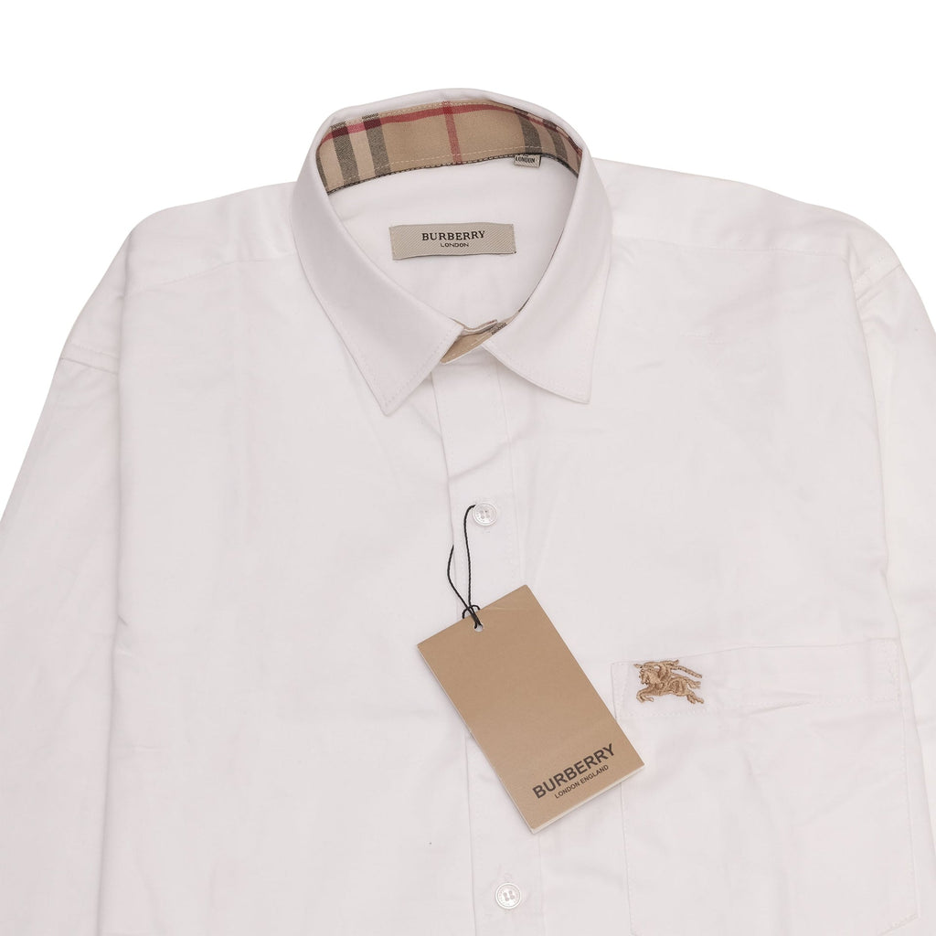 BURBERRY Cloud White Classic Fit Long Sleeve Shirt with Check Detail