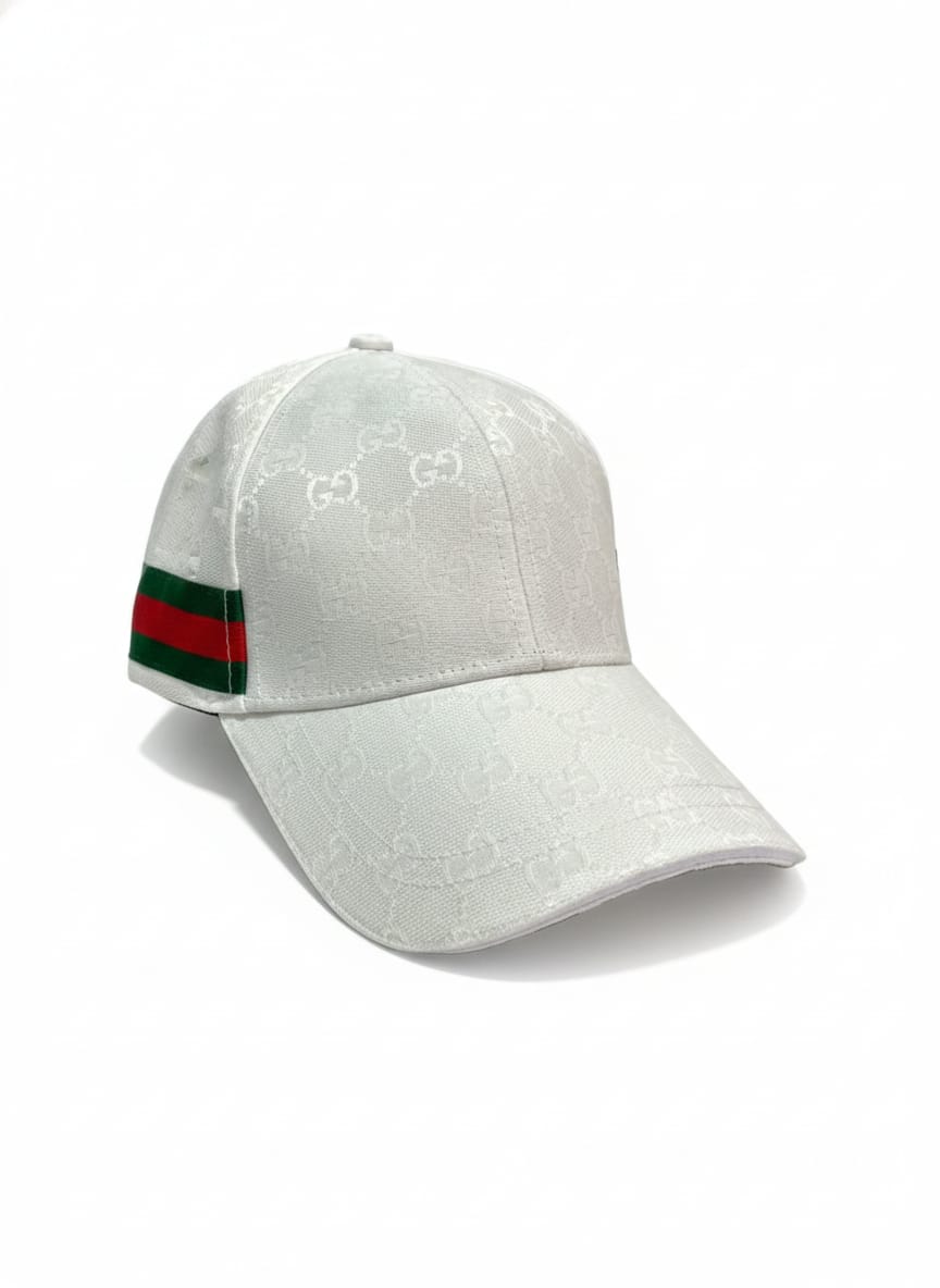 GUCCI Frosted Pearl Signature Monogram Cap with Emerald and Ruby Stripe