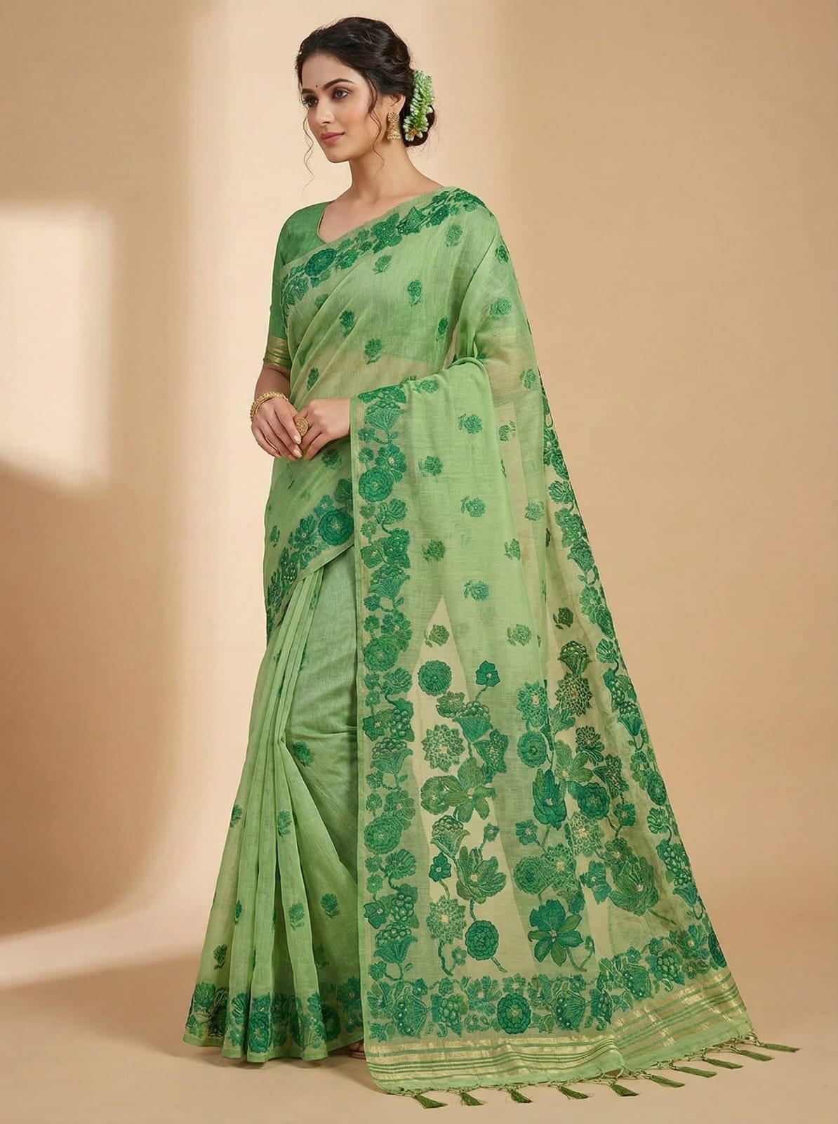 Elegant Weaves Green Floral Embroidered Saree