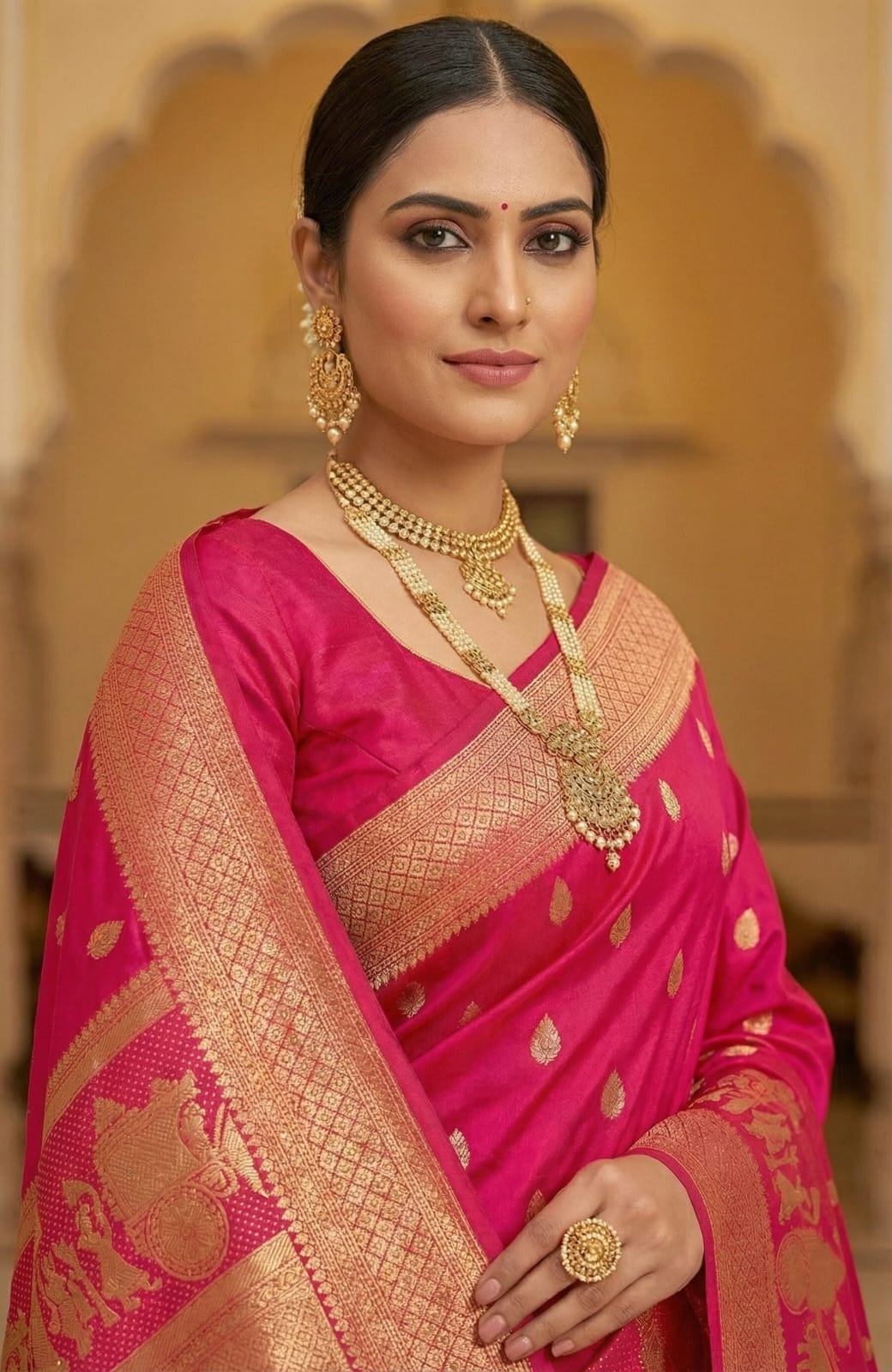 Elegant Drapes Traditional Pink Silk Saree with Gold Embroidery