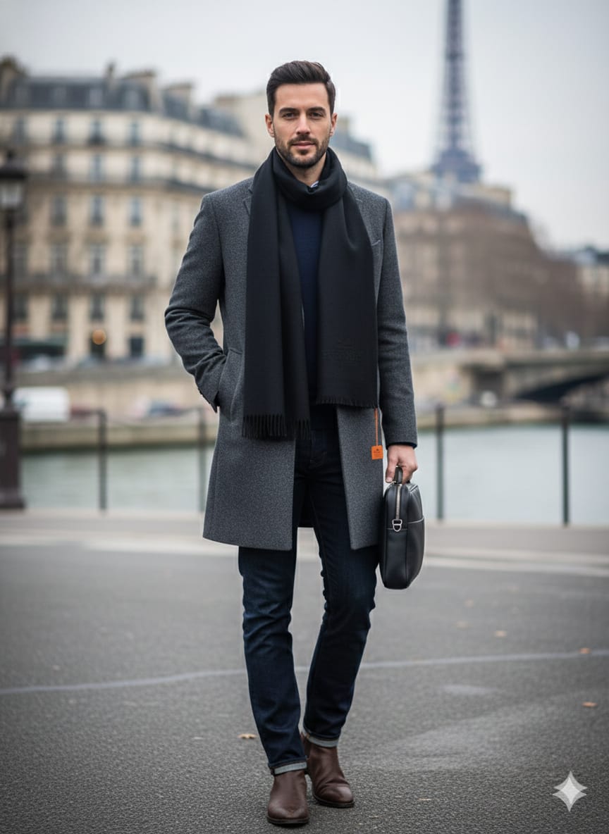 HERMES Paris Classic Cashmere Scarf in Charcoal