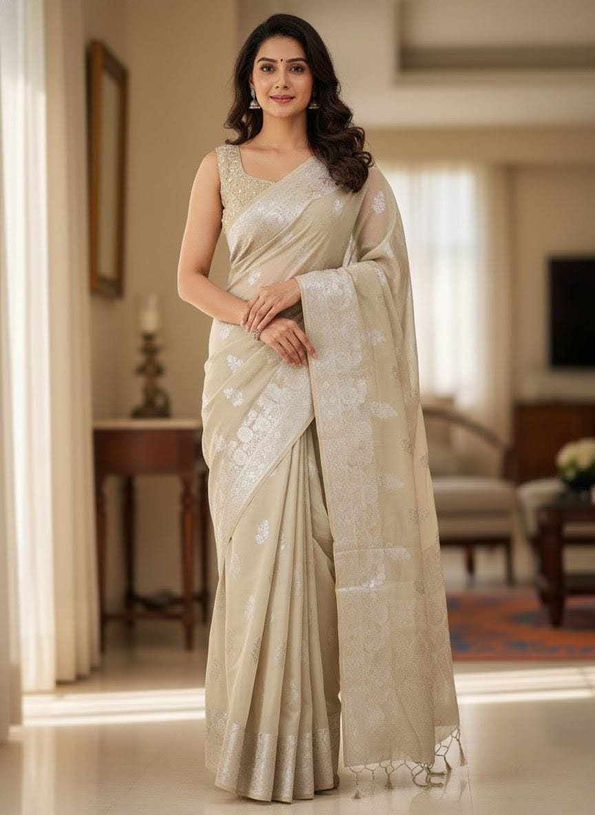 Elegant Weaves Luxe Beige Silk Saree with Embellished Blouse