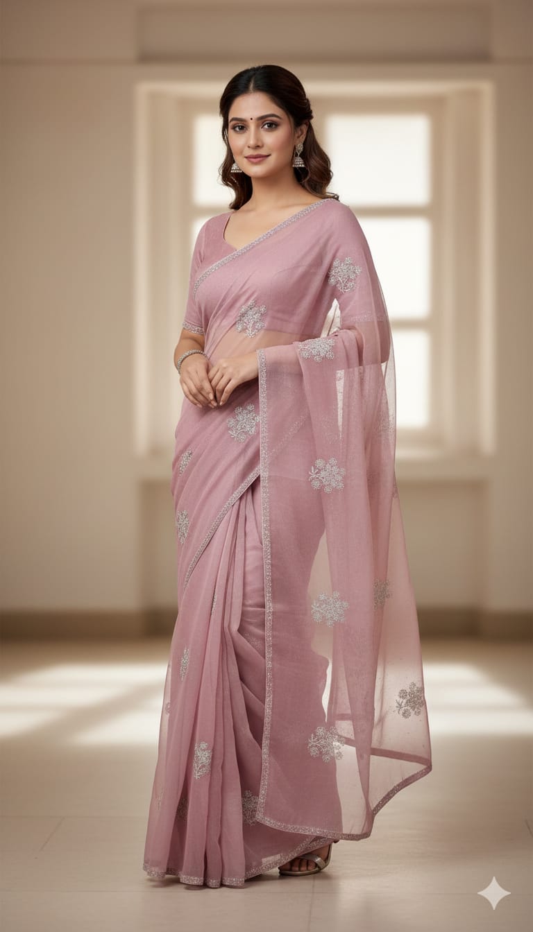 Elegant Attire Embroidered Pink Sari with Matching Stole