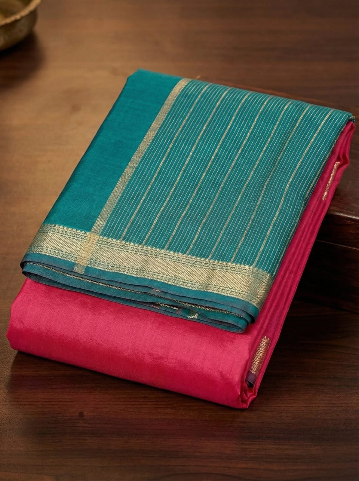 ELEGANT WEAVES Celestial Blush Cotton Silk Saree with Enchanted Teal Trim and Luxe Gold Accents