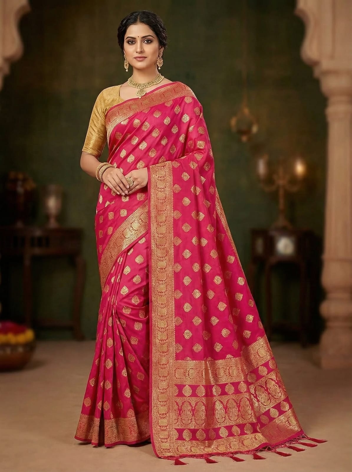 Elegant Weaves Pink Silk Saree with Golden Zari Work