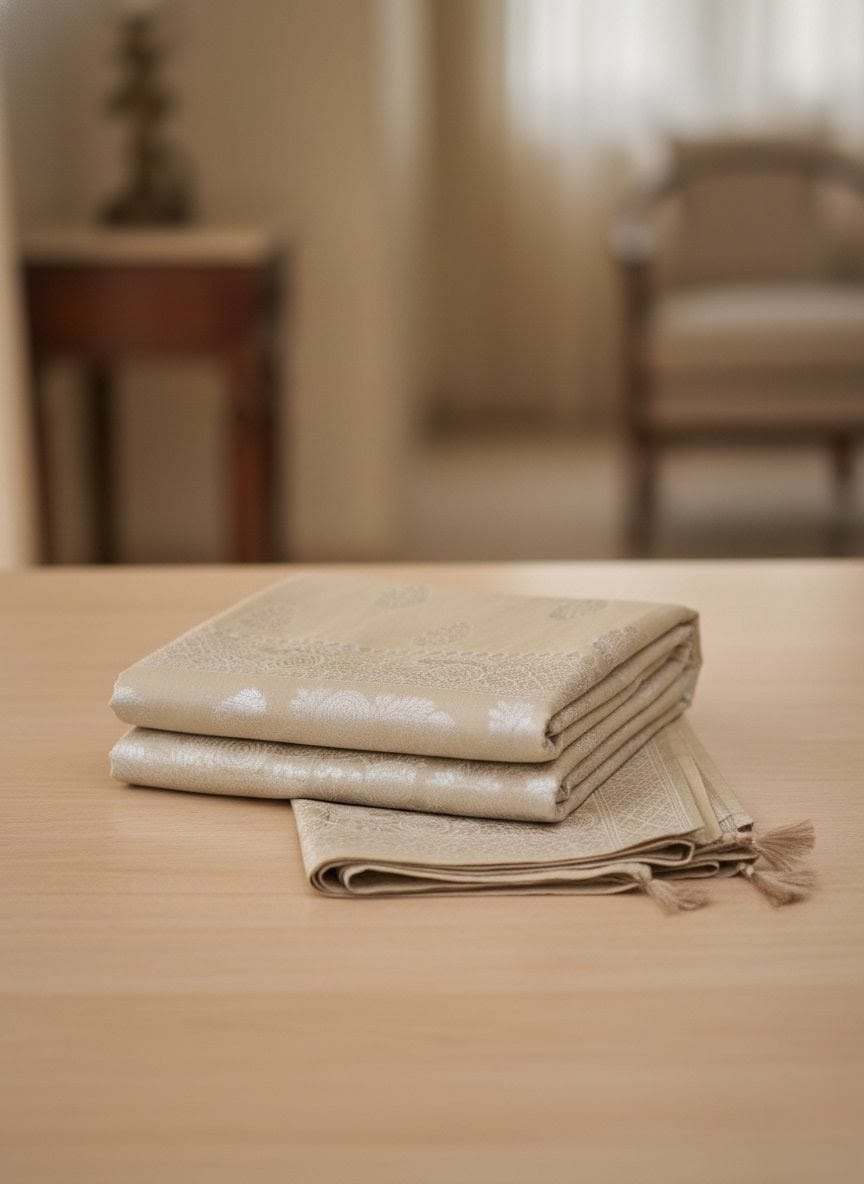 Elegant Weaves Luxe Beige Silk Saree with Embellished Blouse