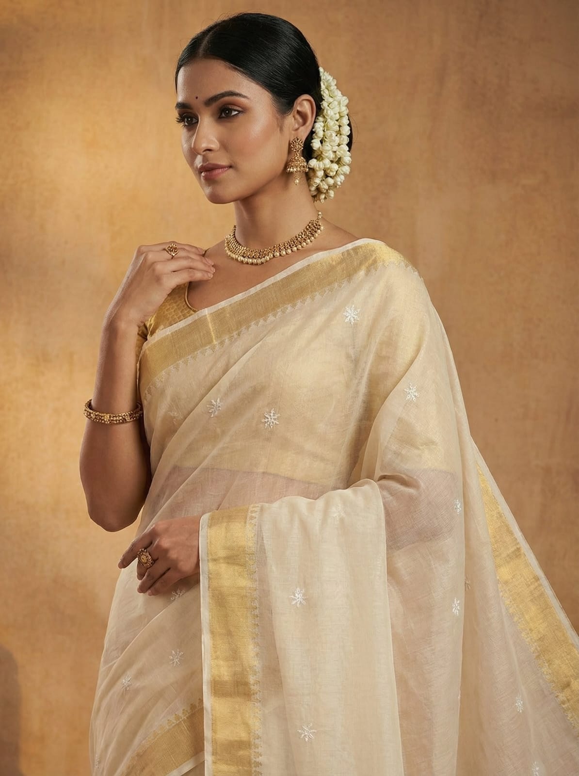 Elegant Weaves Ethereal Cream Silk Saree with Golden Border