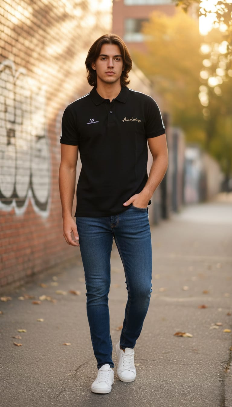 ARMANI EXCHANGE Shadowed Obsidian Tailored Fit Short Sleeve Polo Shirt