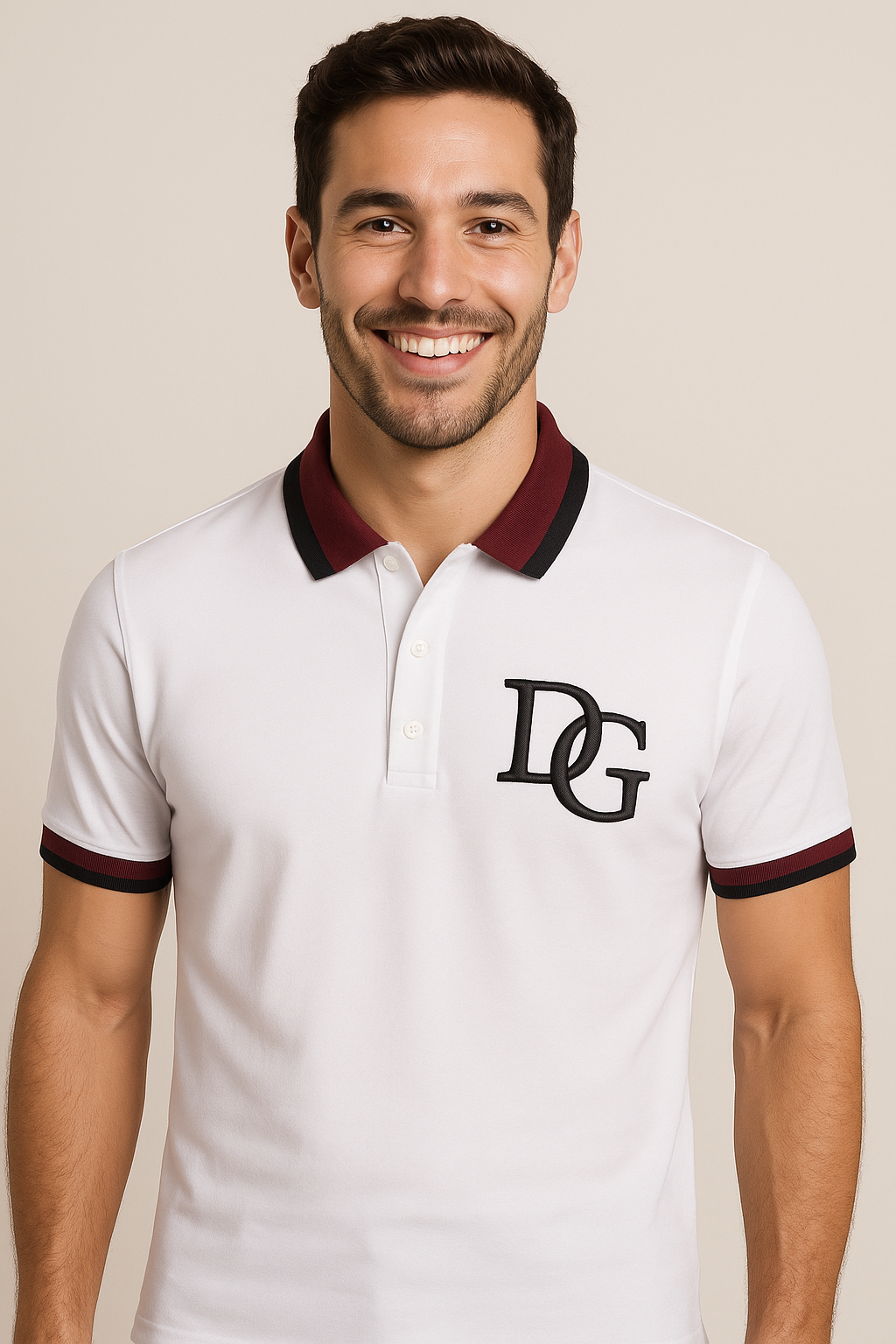 DOLCE&GABBANA Frosted White Slim Fit Polo Shirt with Burgundy Accents