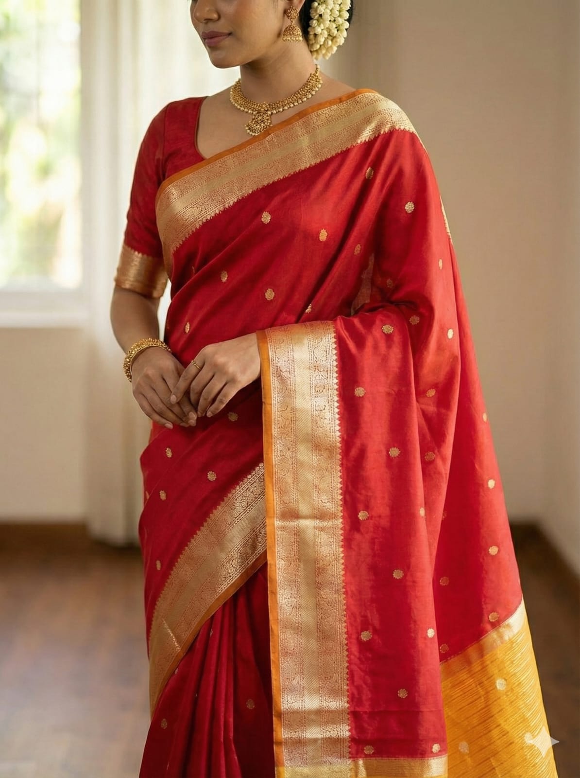 Elegant Drapes Red and Gold Polka Dot Silk Saree