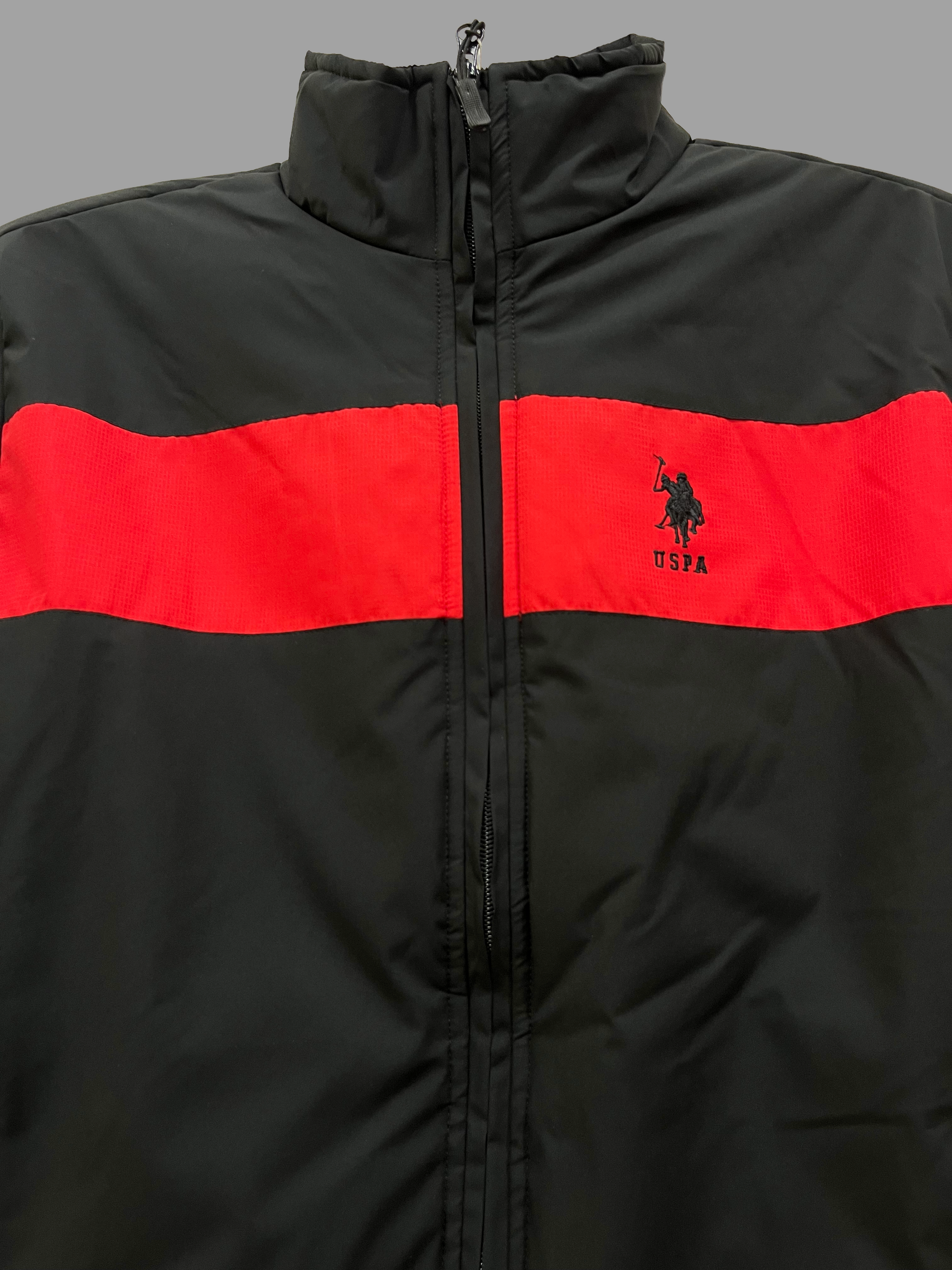 USPA Sleek Black & Crimson Striped Puffer Jacket