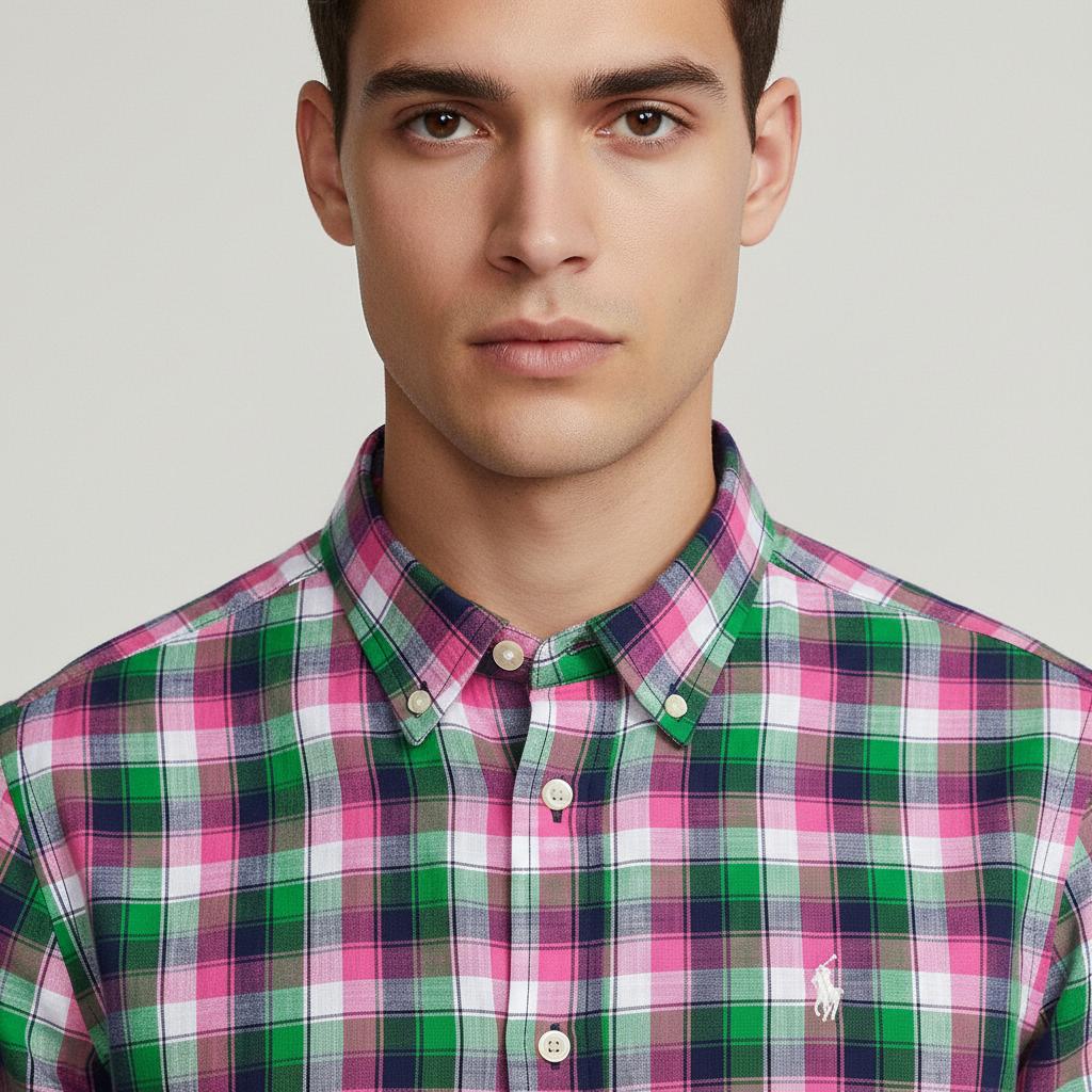 Ralph Lauren Sunfit Plaid Shirt in Pink and Green - zoomed view